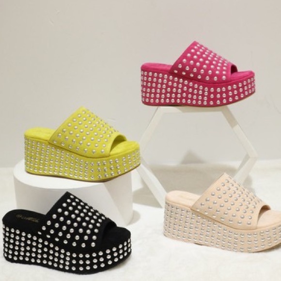 Black Suede Silver Stud Chunky Ultra Platform Wedge Mule Slide In Sandal Heels - Picture 5 of 7